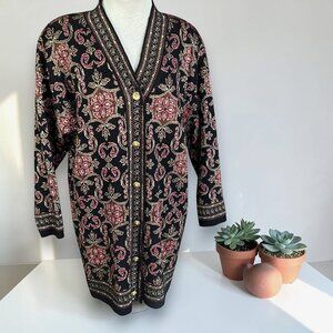 Jeanne Pierre Cardigan Sweater Black Gold Tapestry Tunic Length Size Small